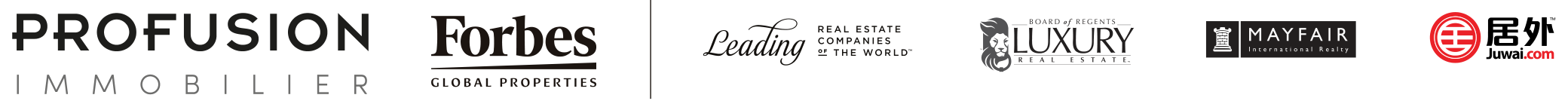 Profusion Immobilier · Forbes Global Properties · Leading Real Estate Companies of the World · Board of Regents Luxury Real Estate · Mayfair International Realty · Juwai.com